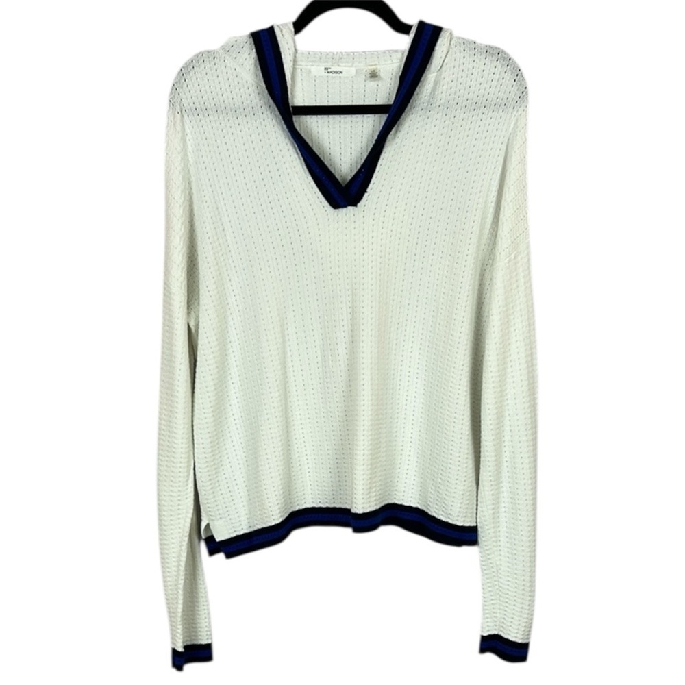 89th + Madison V-Neck Sweater Hoodie White and Blue Timeless Design Size Large